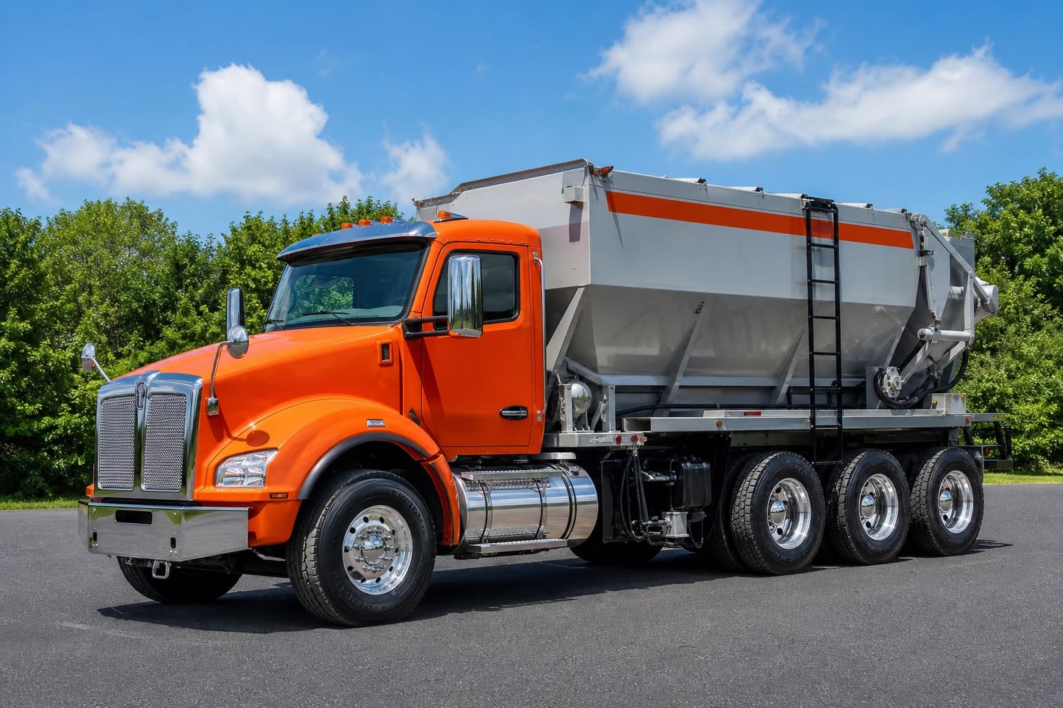 Volume Concrete orange Kenworth volumetric mixer with a silver-grey mixer body, mixed on site