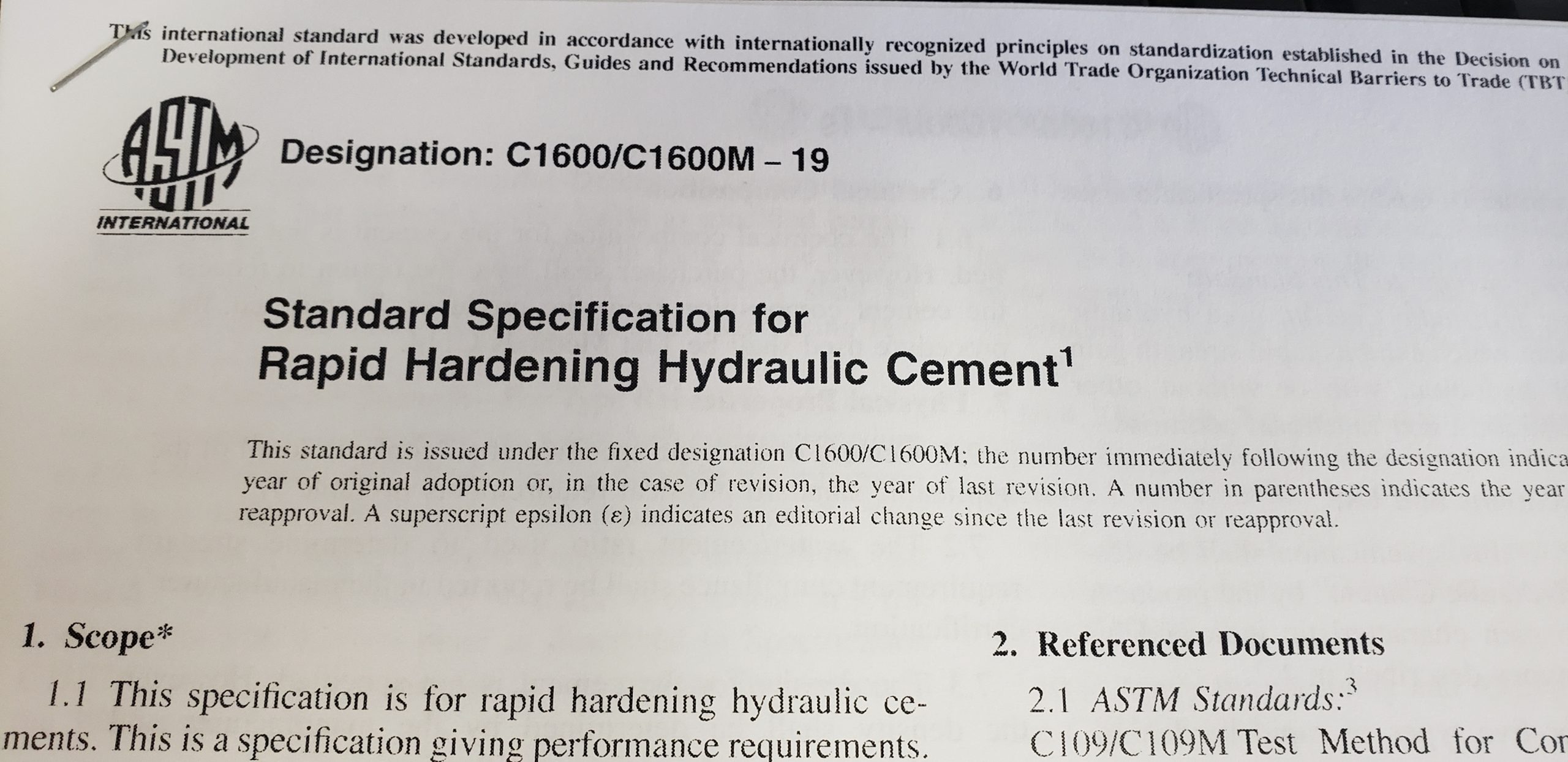 ASTM 1600 Rapid Hardening Hydraulic Cement
